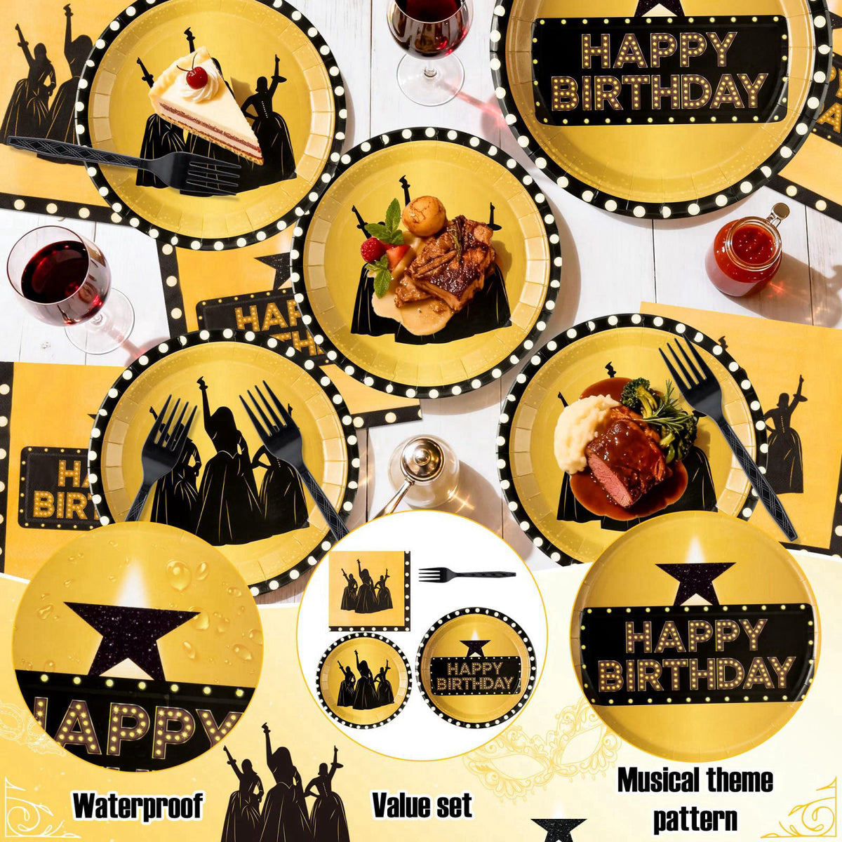 GaofanWaiㅤ GaofanWai Famous Musical Star Tableware - 96PCS Black & Gold American Musical Theater Party Paper Plate Set f