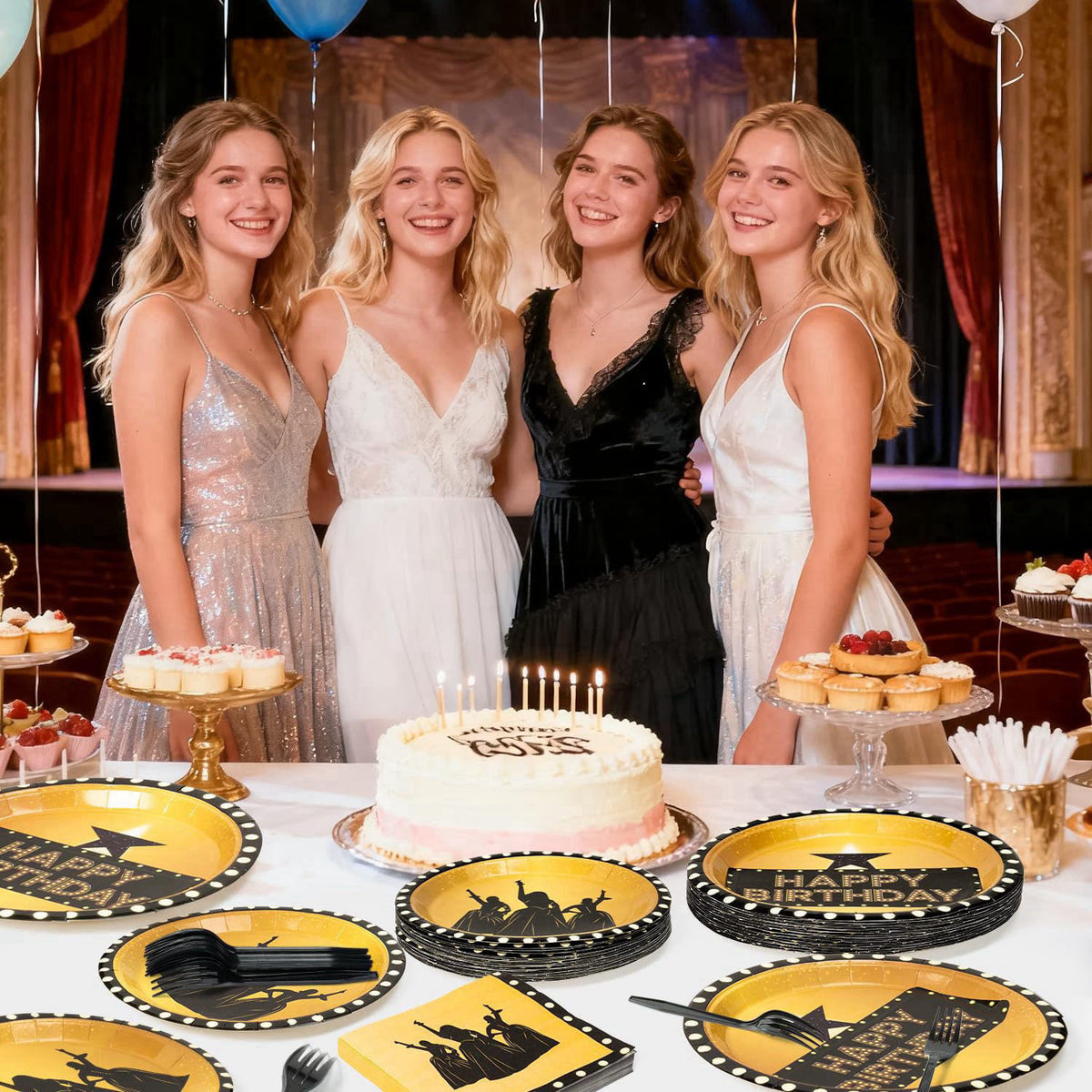 GaofanWaiㅤ GaofanWai Famous Musical Star Tableware - 96PCS Black & Gold American Musical Theater Party Paper Plate Set f