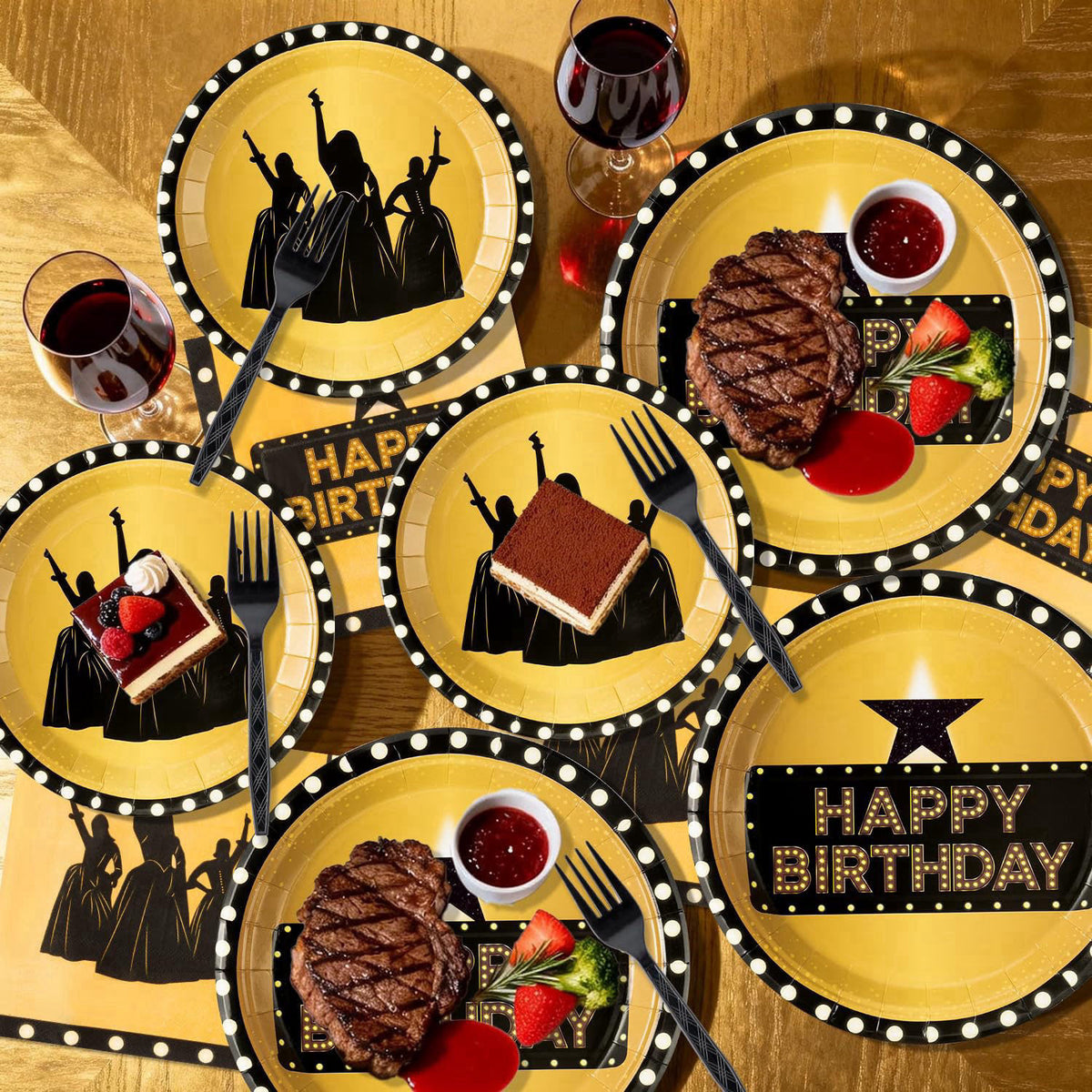 GaofanWaiㅤ GaofanWai Famous Musical Star Tableware - 96PCS Black & Gold American Musical Theater Party Paper Plate Set f
