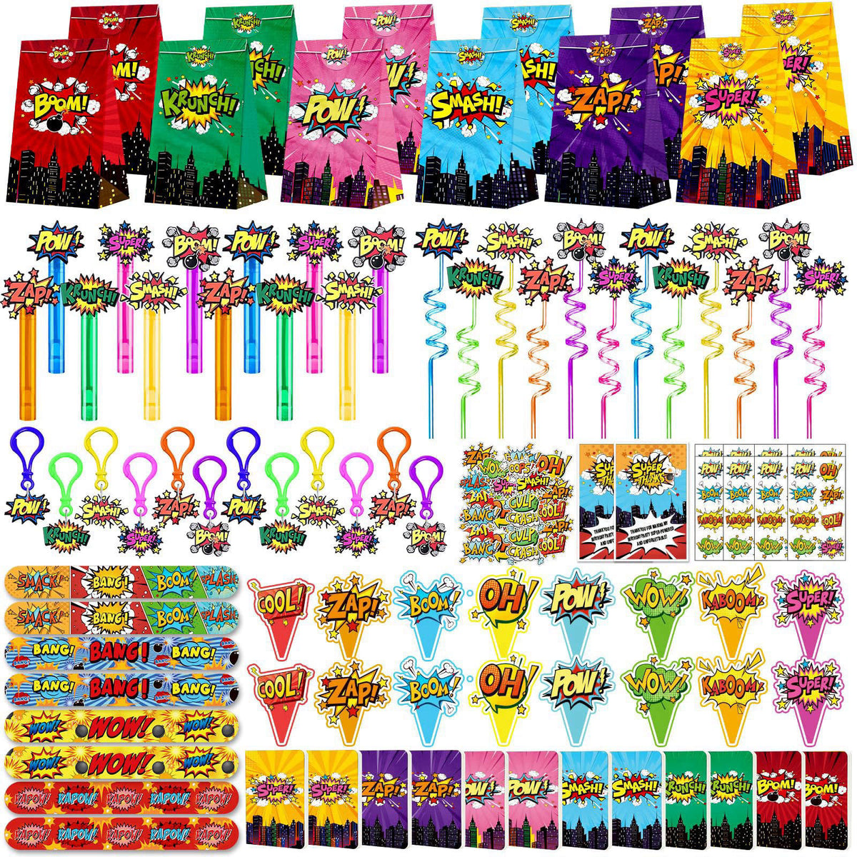 Fumogym 220PCS Hero Party Favors Kit – Birthday Supplies Includes Goodies Bags, Straws, Bubble Wands, Notebook & More – 