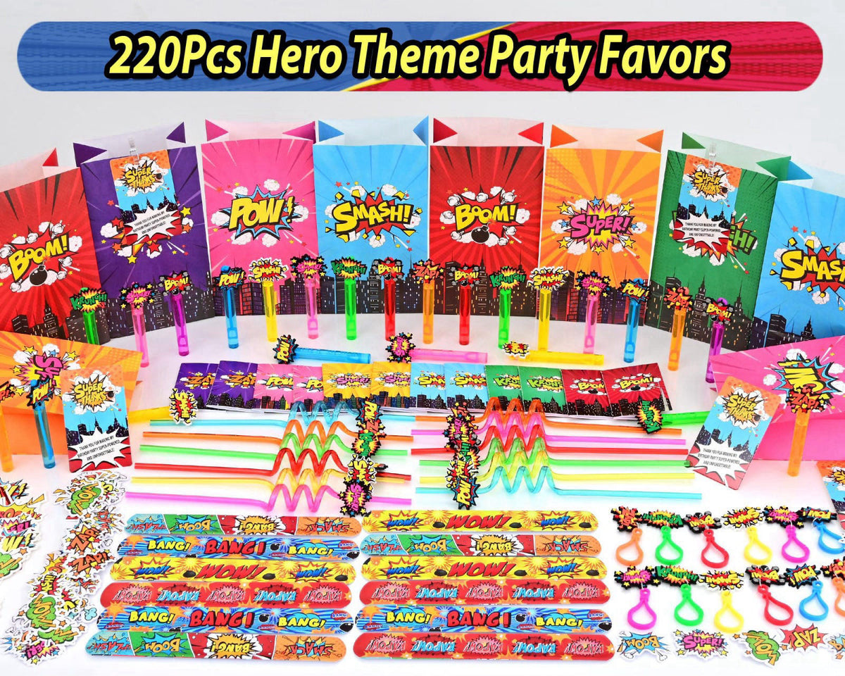 Fumogym 220PCS Hero Party Favors Kit – Birthday Supplies Includes Goodies Bags, Straws, Bubble Wands, Notebook & More – 