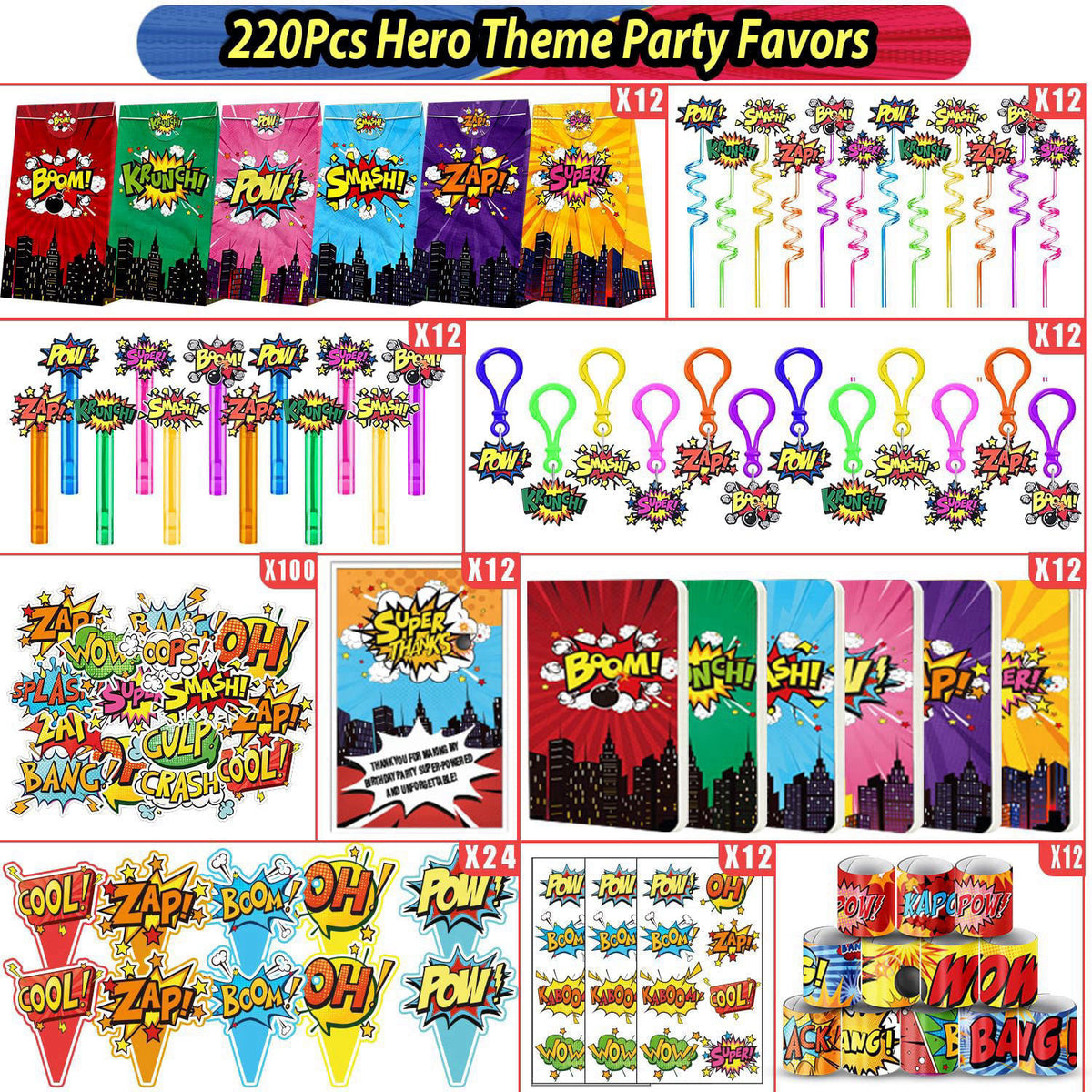 Fumogym 220PCS Hero Party Favors Kit – Birthday Supplies Includes Goodies Bags, Straws, Bubble Wands, Notebook & More – 