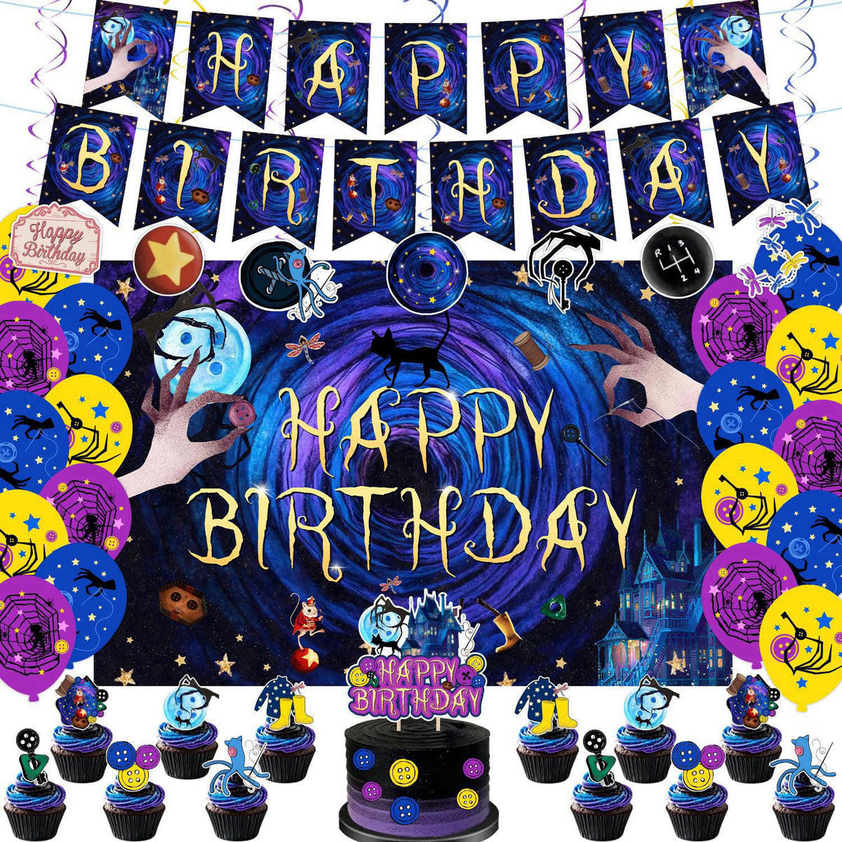 tetcuican 40Pcs Horror Birthday Party Decorations Blue Purple Theme Birthday Party Supplies Including Banner Hanging Swi