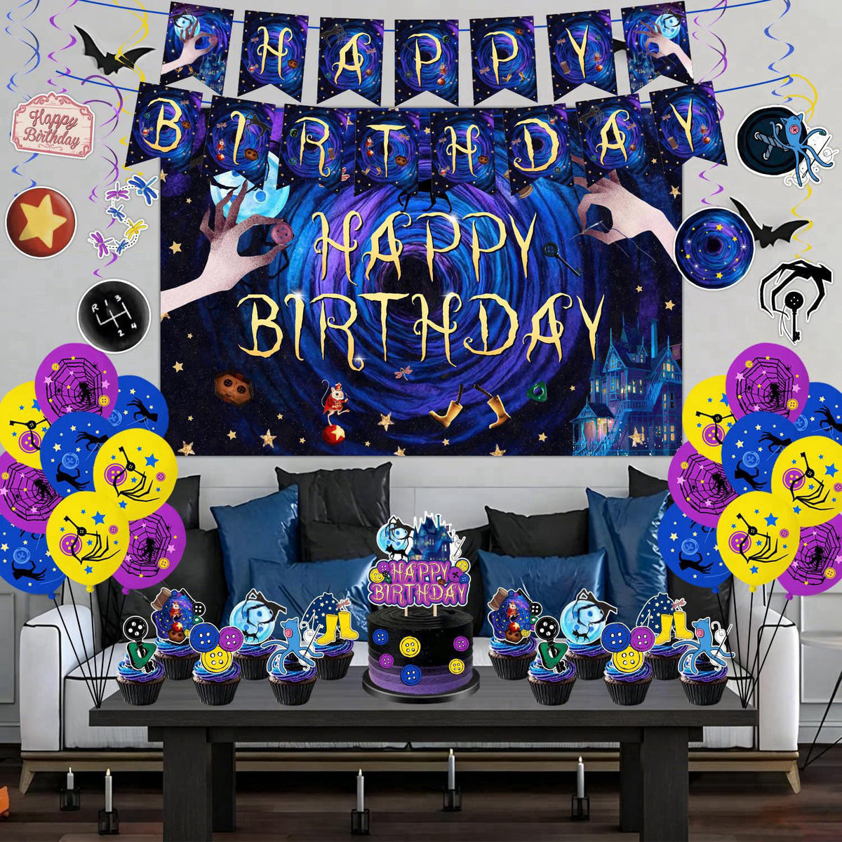 tetcuican 40Pcs Horror Birthday Party Decorations Blue Purple Theme Birthday Party Supplies Including Banner Hanging Swi