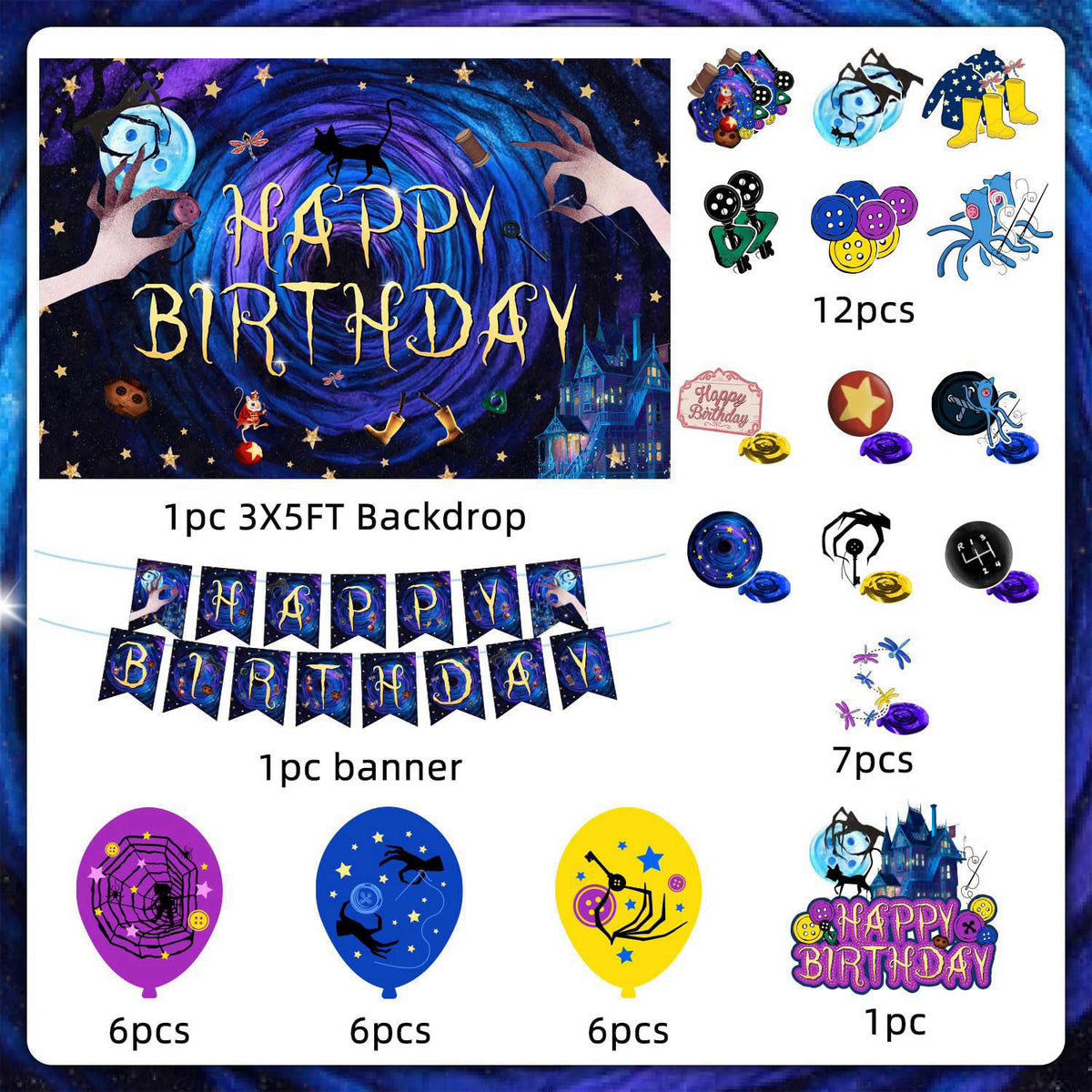 tetcuican 40Pcs Horror Birthday Party Decorations Blue Purple Theme Birthday Party Supplies Including Banner Hanging Swi