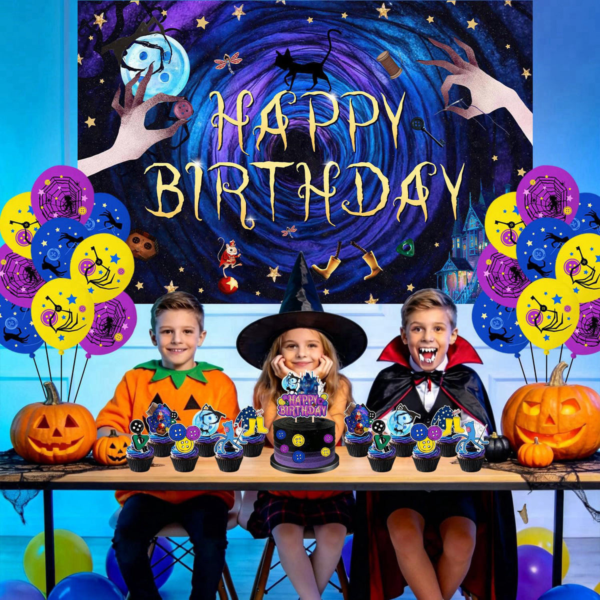 tetcuican 40Pcs Horror Birthday Party Decorations Blue Purple Theme Birthday Party Supplies Including Banner Hanging Swi