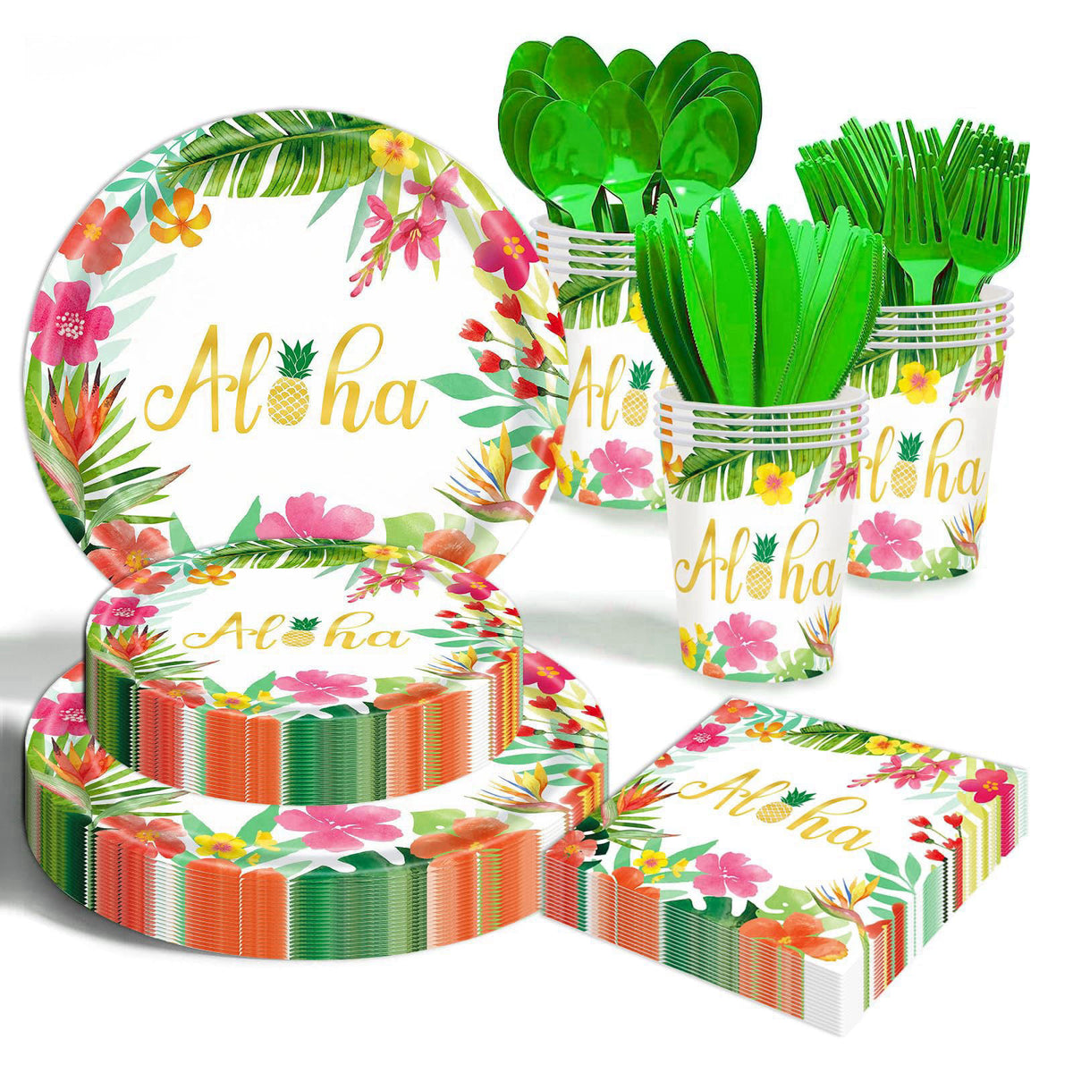 OUNIY Hawaiian Luau Party Decorations Supplies - 175 PCS Aloha Tropical Birthday Party Decorations Disposable Dinnerware