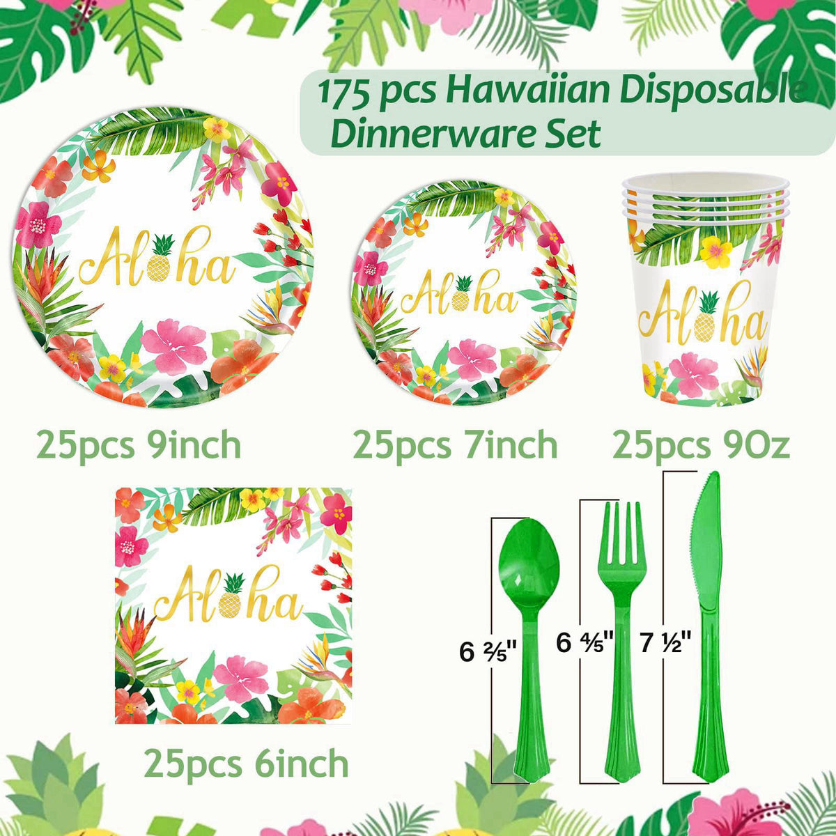 OUNIY Hawaiian Luau Party Decorations Supplies - 175 PCS Aloha Tropical Birthday Party Decorations Disposable Dinnerware