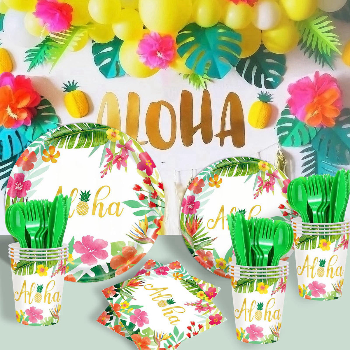 OUNIY Hawaiian Luau Party Decorations Supplies - 175 PCS Aloha Tropical Birthday Party Decorations Disposable Dinnerware