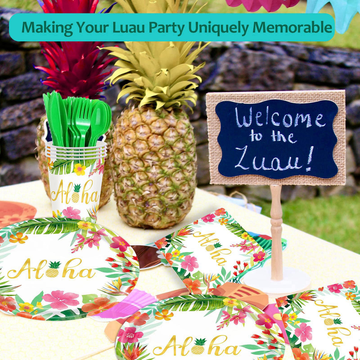 OUNIY Hawaiian Luau Party Decorations Supplies - 175 PCS Aloha Tropical Birthday Party Decorations Disposable Dinnerware