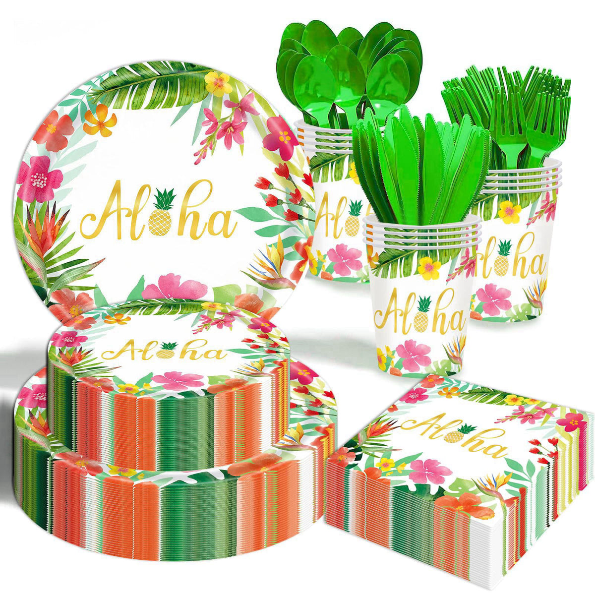 OUNIY Hawaiian Luau Party Decorations Supplies - 175 PCS Aloha Tropical Birthday Party Decorations Disposable Dinnerware