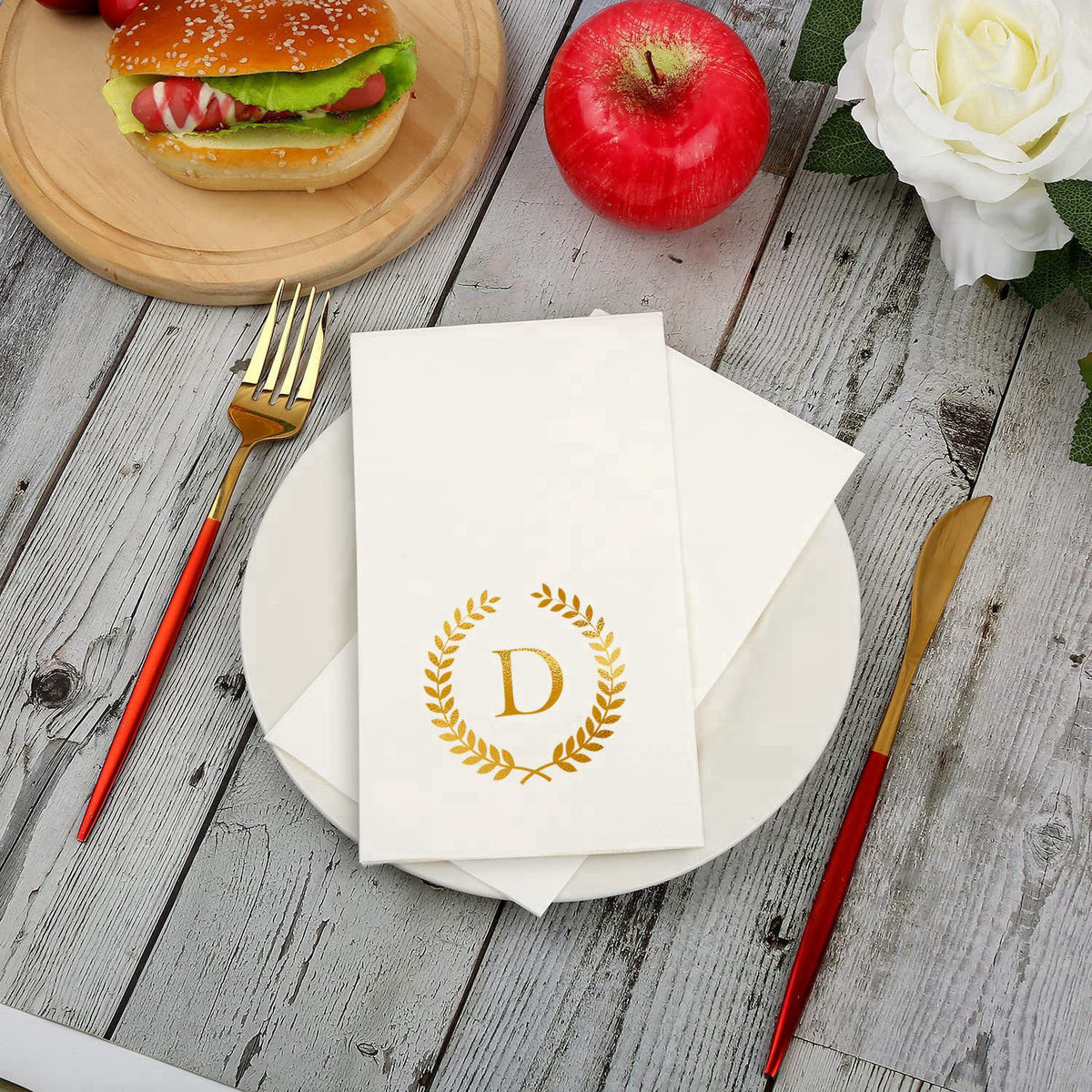 Datyiiha 200 Pack Monogrammed Disposable Napkins Gold Foil Letter D Guest Napkins Initial Disposable Hand Paper Towels f