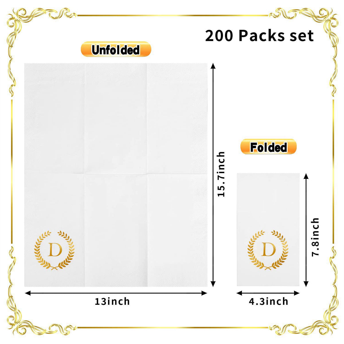 Datyiiha 200 Pack Monogrammed Disposable Napkins Gold Foil Letter D Guest Napkins Initial Disposable Hand Paper Towels f