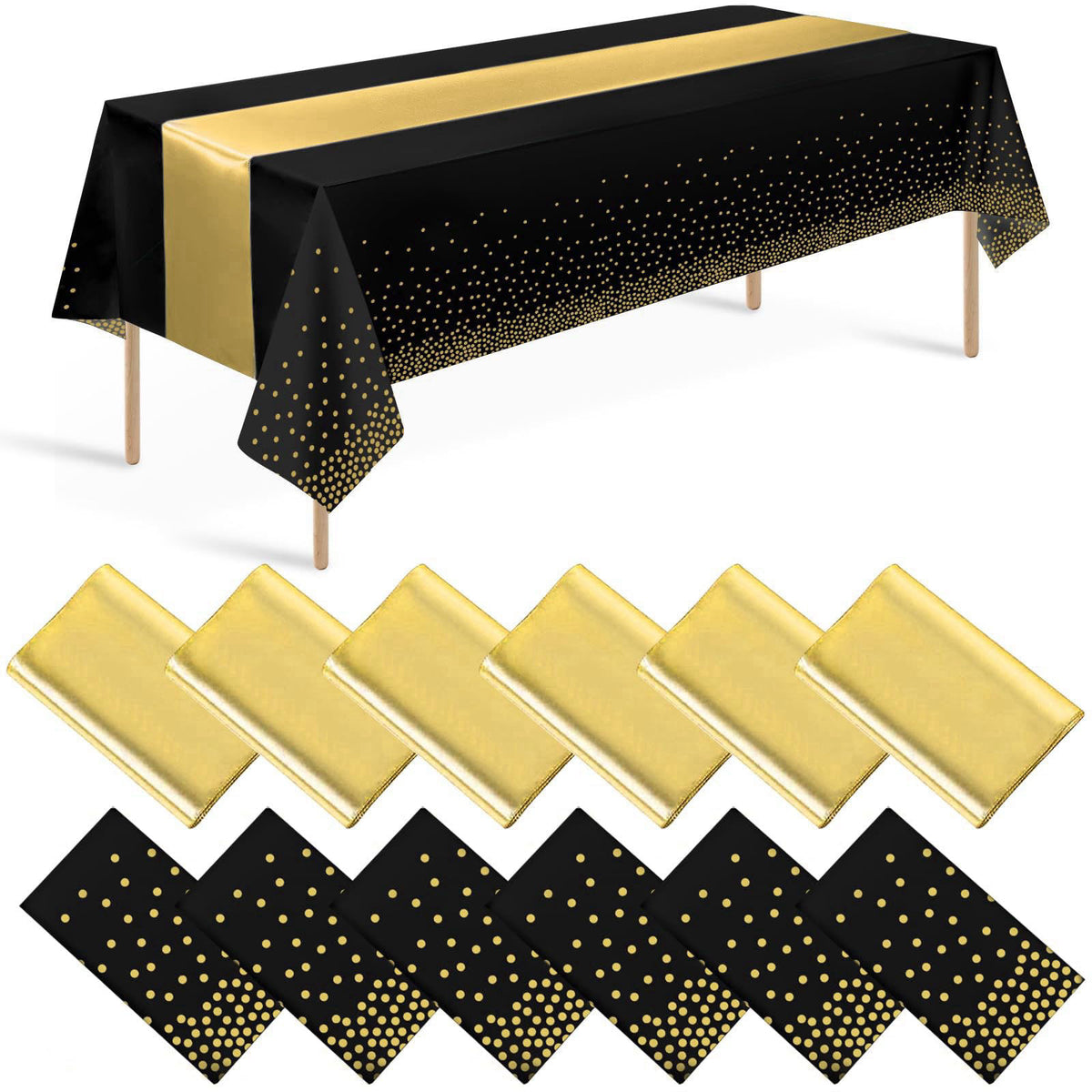 Zachely 12 Pack Black and Gold Tablecloth and Table Runner Set Party Decorations, Black and Gold Plastic Disposable Tabl