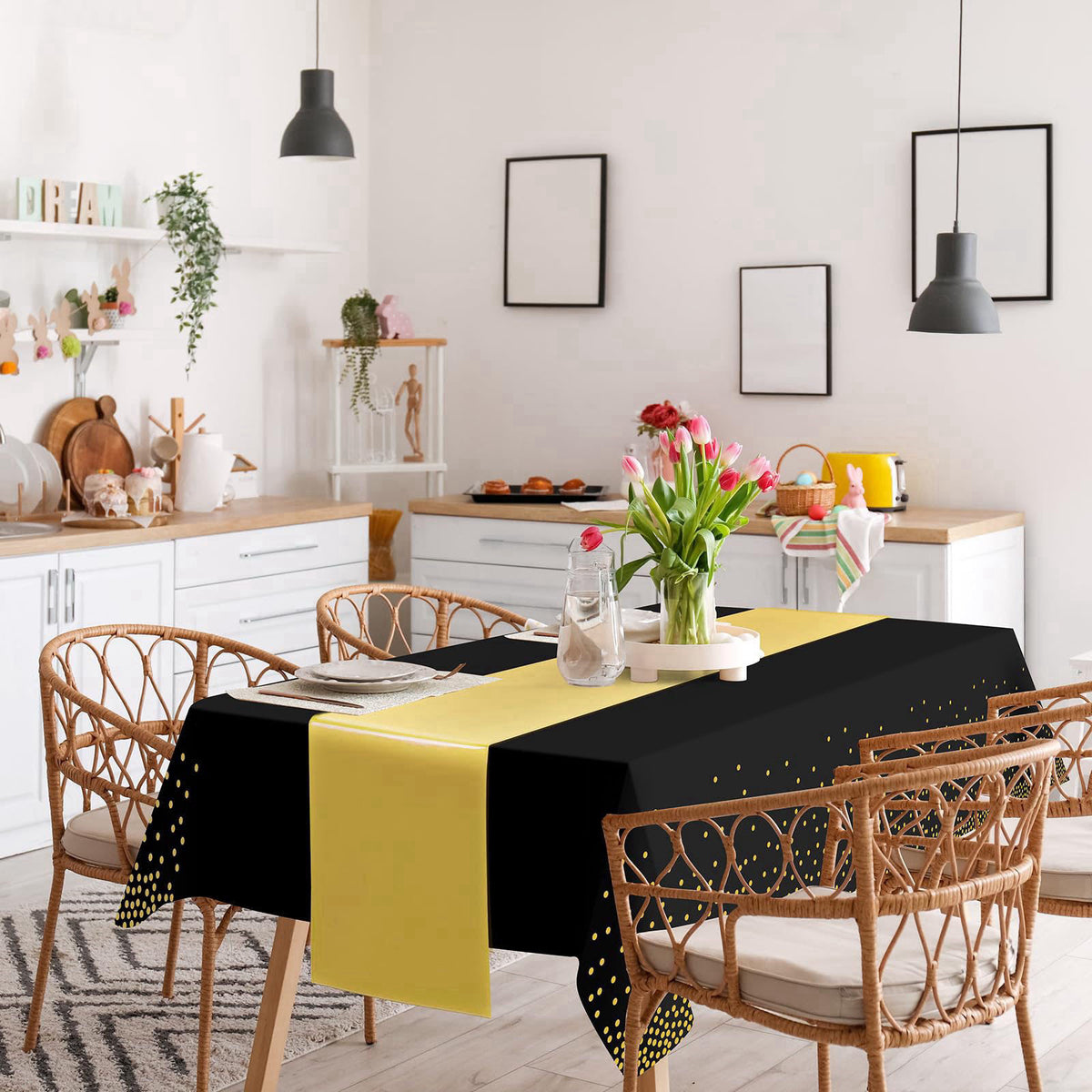 Zachely 12 Pack Black and Gold Tablecloth and Table Runner Set Party Decorations, Black and Gold Plastic Disposable Tabl