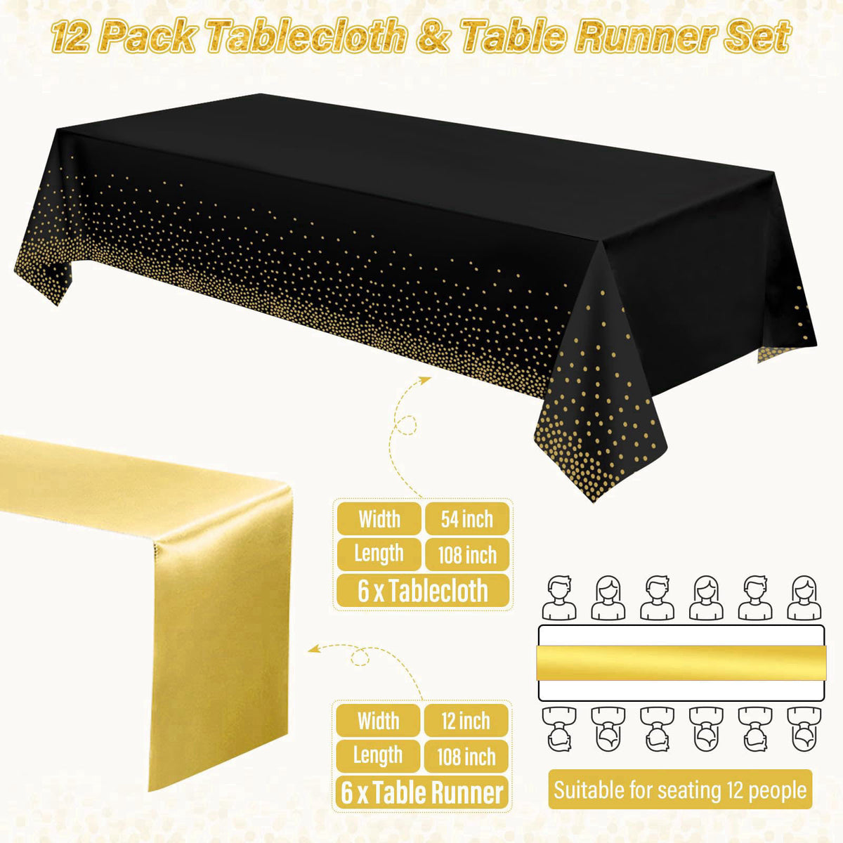 Zachely 12 Pack Black and Gold Tablecloth and Table Runner Set Party Decorations, Black and Gold Plastic Disposable Tabl