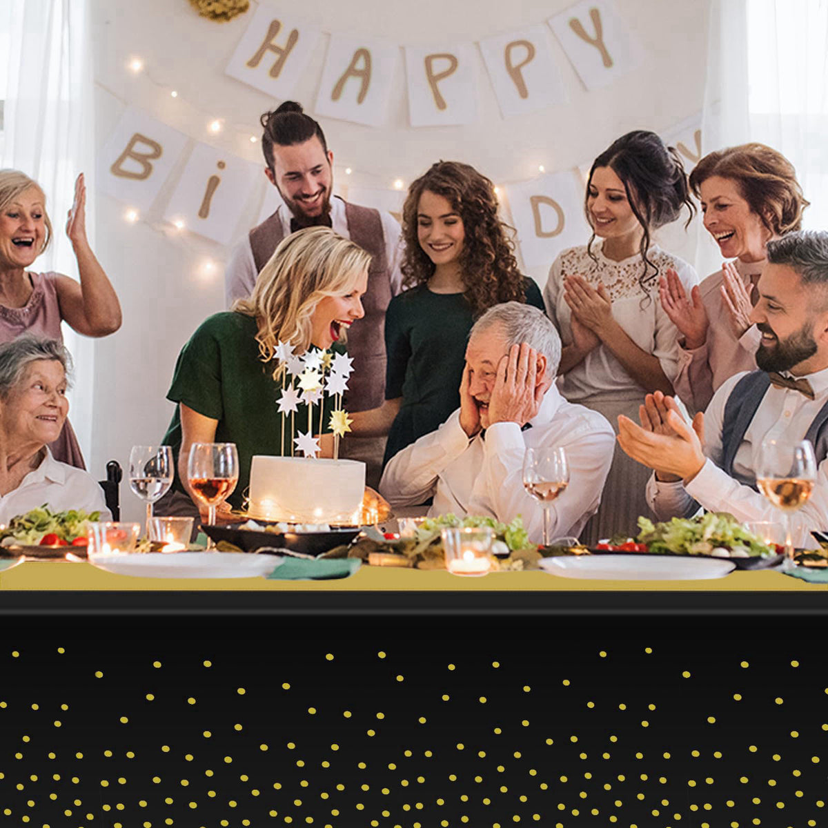 Zachely 12 Pack Black and Gold Tablecloth and Table Runner Set Party Decorations, Black and Gold Plastic Disposable Tabl