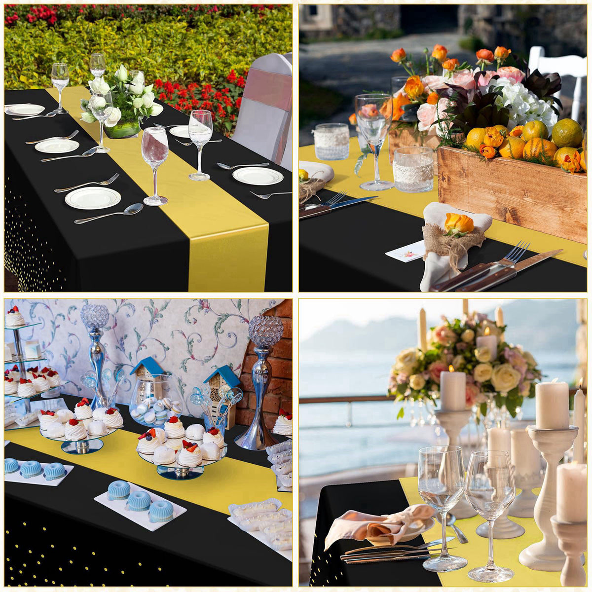 Zachely 12 Pack Black and Gold Tablecloth and Table Runner Set Party Decorations, Black and Gold Plastic Disposable Tabl