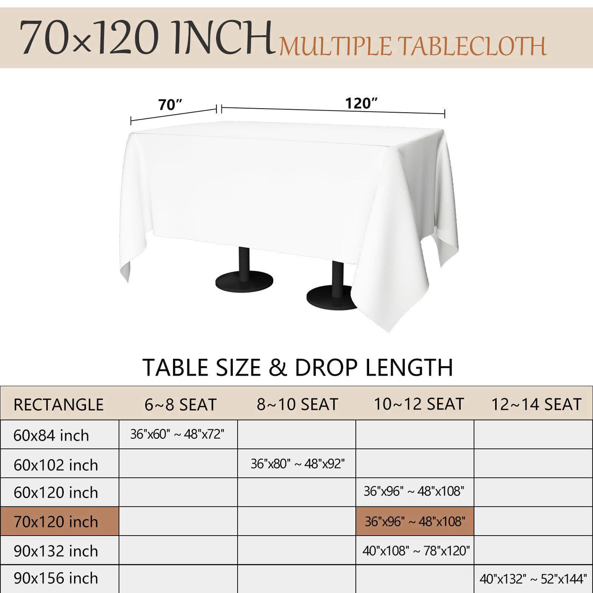 Winwingo 70x120 Table Cloth - 6 Pack Rectangular White Washable Stain and Wrinkle Resistant Polyester Table Cover for Di