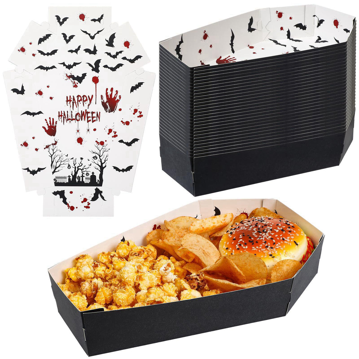 Mumufy 36 Pieces Halloween Paper Tray Disposable Coffin Bowl – product photo (Serving Trays)