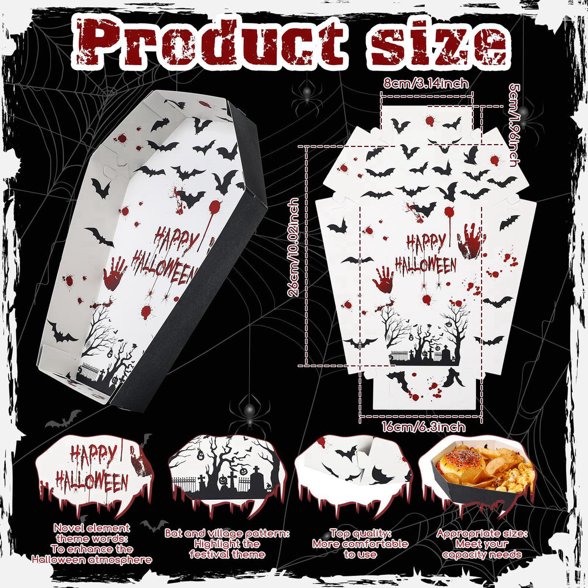 Mumufy 36 Pieces Halloween Paper Tray Disposable Coffin Bowl – packaging and label