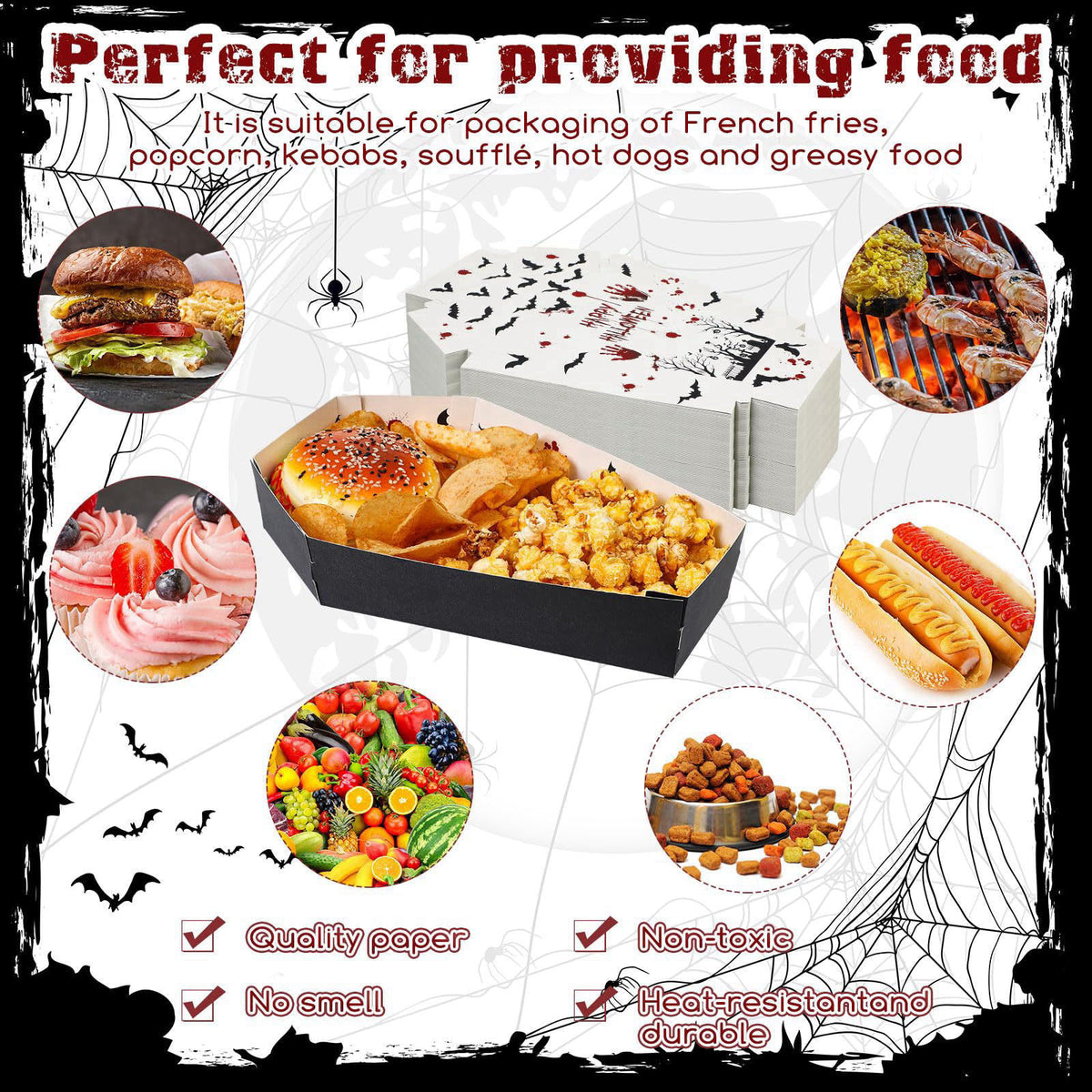 Mumufy 36 Pieces Halloween Paper Tray Disposable Coffin Bowl – back view and specifications
