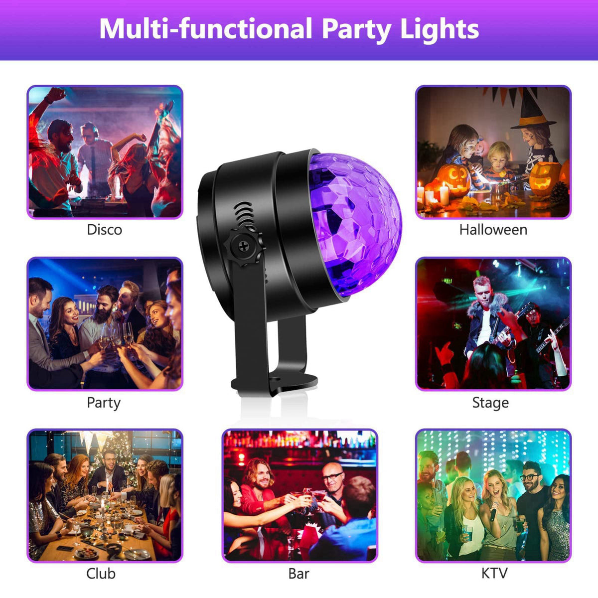 Litake UV Black Lights for Glow Party, 6W LED Disco Ball Strobe Lights for Dark Party Supplies, Sound Activated with Rem