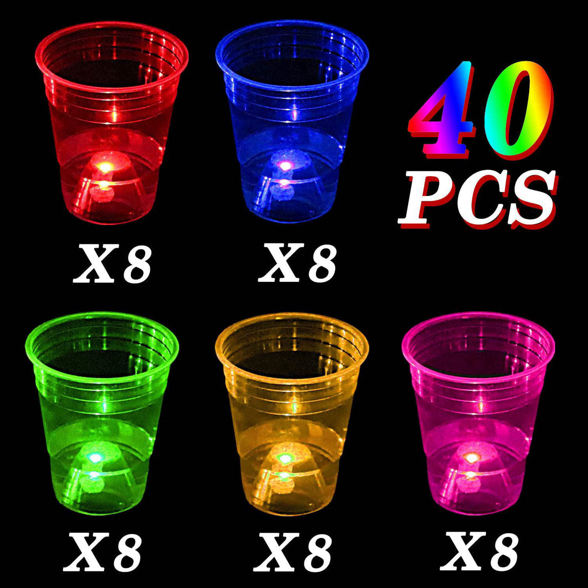 LLKMDSS 40 Pcs Glowing Party Cups 16oz for Indoor Outdoor, Light Up Cups Favors for Party Supplies, 5 Bright Multi-Color