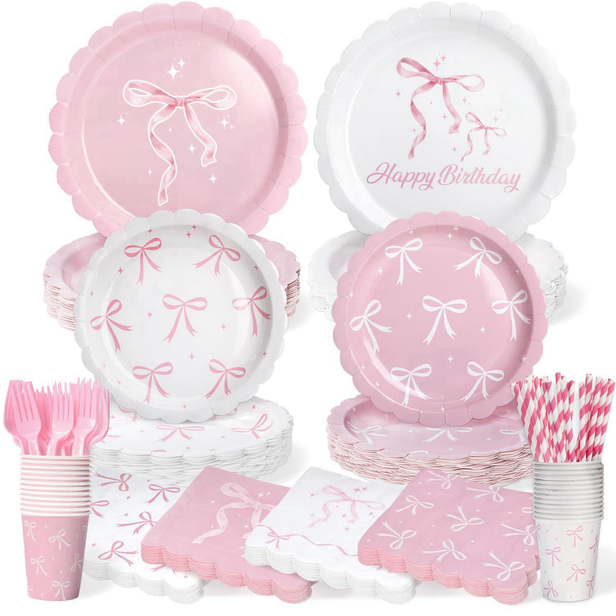 Kinovo 300 Pcs Pink Bow Plates, Cups, Napkins and Tableware Sets for Coquette Birthday Decorations, Party Supplies Inclu