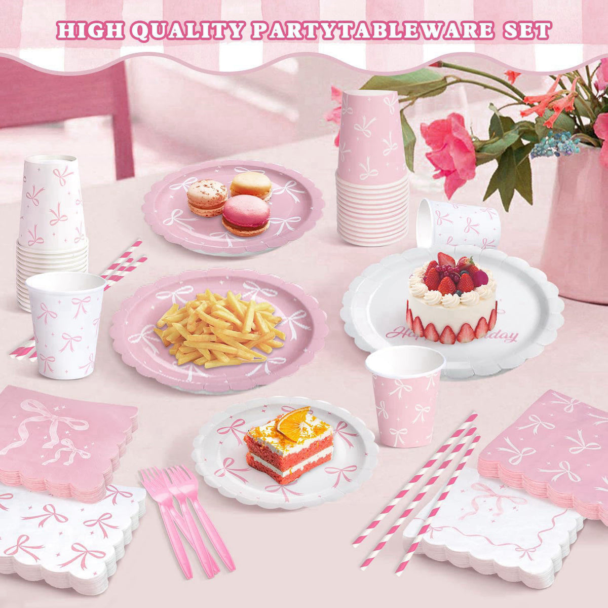 Kinovo 300 Pcs Pink Bow Plates, Cups, Napkins and Tableware Sets for Coquette Birthday Decorations, Party Supplies Inclu