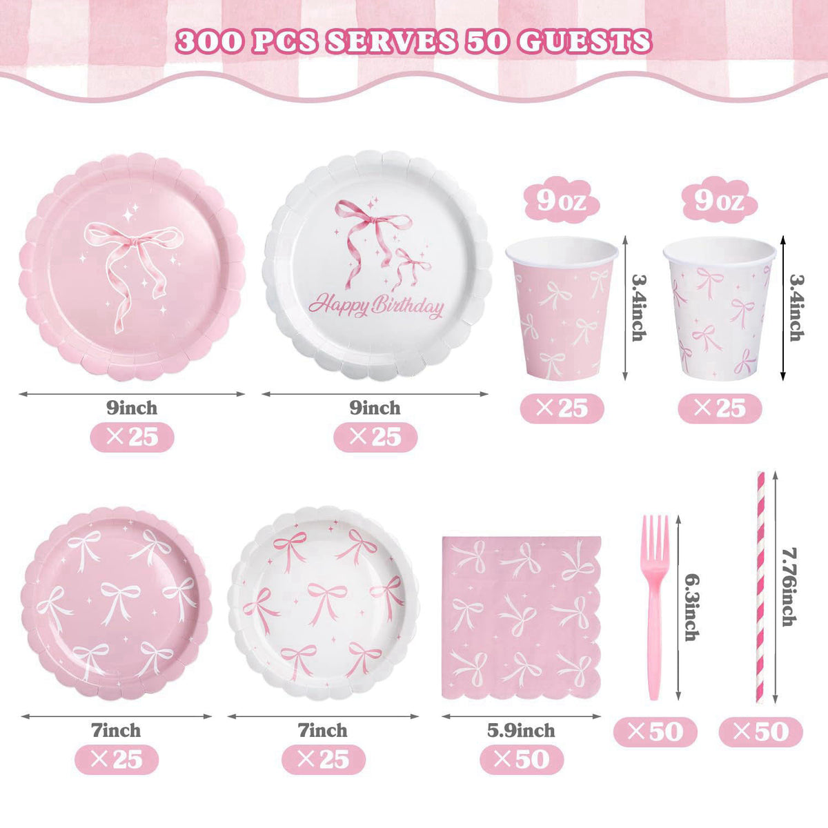Kinovo 300 Pcs Pink Bow Plates, Cups, Napkins and Tableware Sets for Coquette Birthday Decorations, Party Supplies Inclu