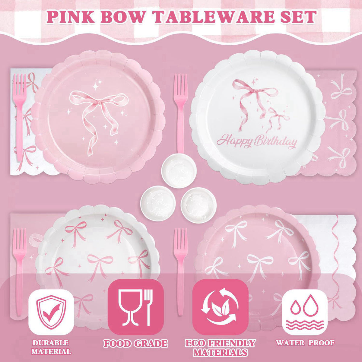 Kinovo 300 Pcs Pink Bow Plates, Cups, Napkins and Tableware Sets for Coquette Birthday Decorations, Party Supplies Inclu