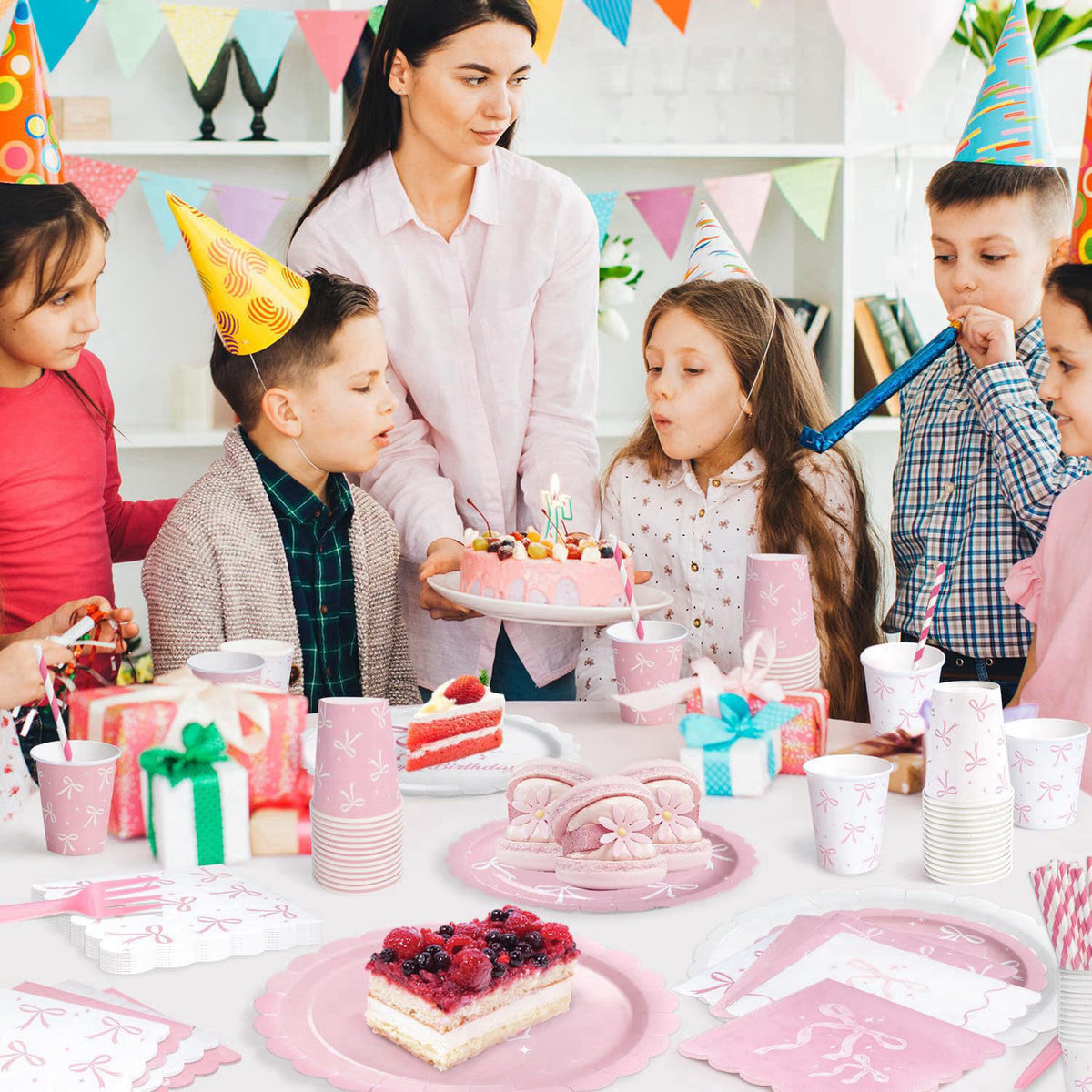 Kinovo 300 Pcs Pink Bow Plates, Cups, Napkins and Tableware Sets for Coquette Birthday Decorations, Party Supplies Inclu