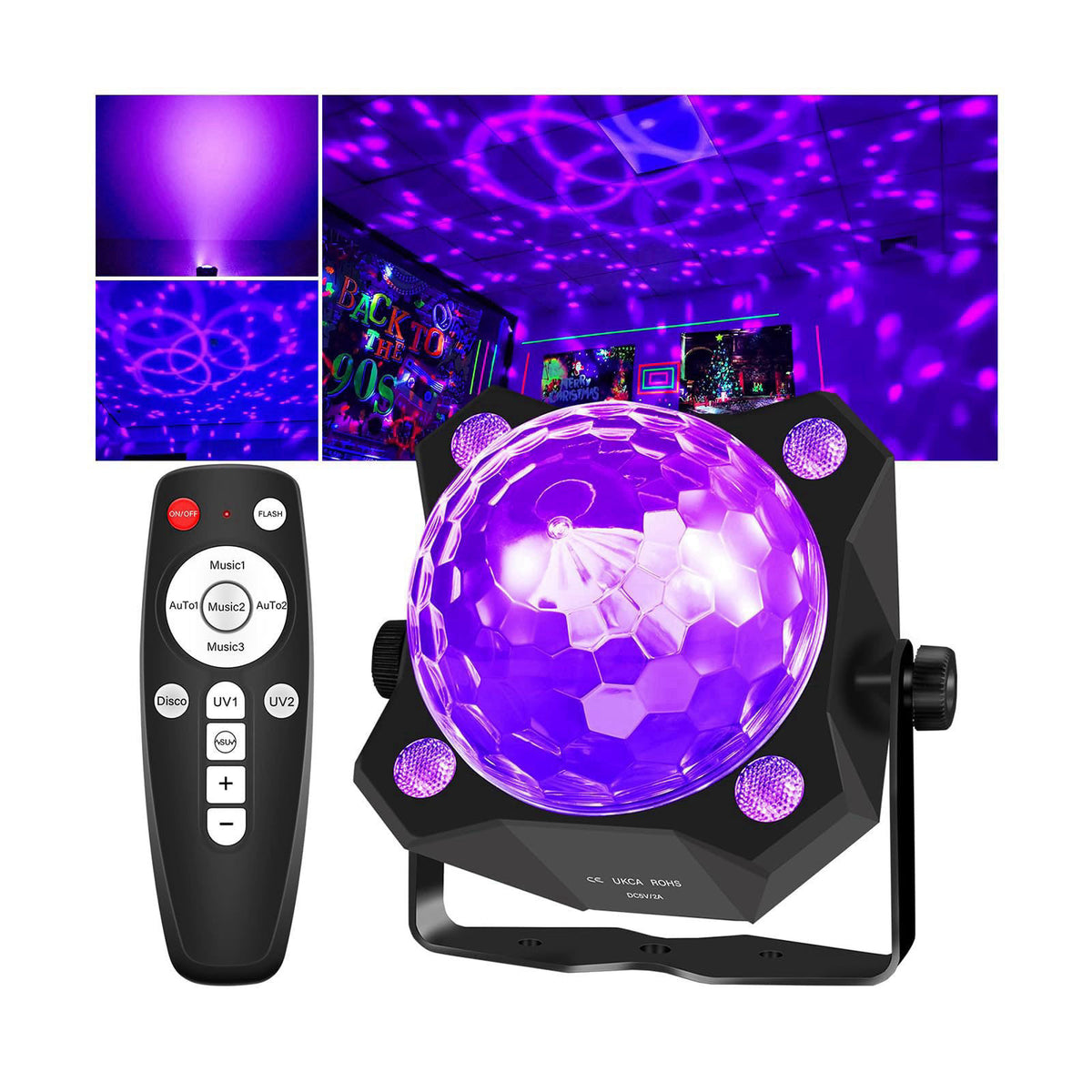 DJPTYGCK 2 in 1 Glow Party Black Light Disco Ball Light with Sound Activated Strobe Dj Party Lights Black Lights, for Ha