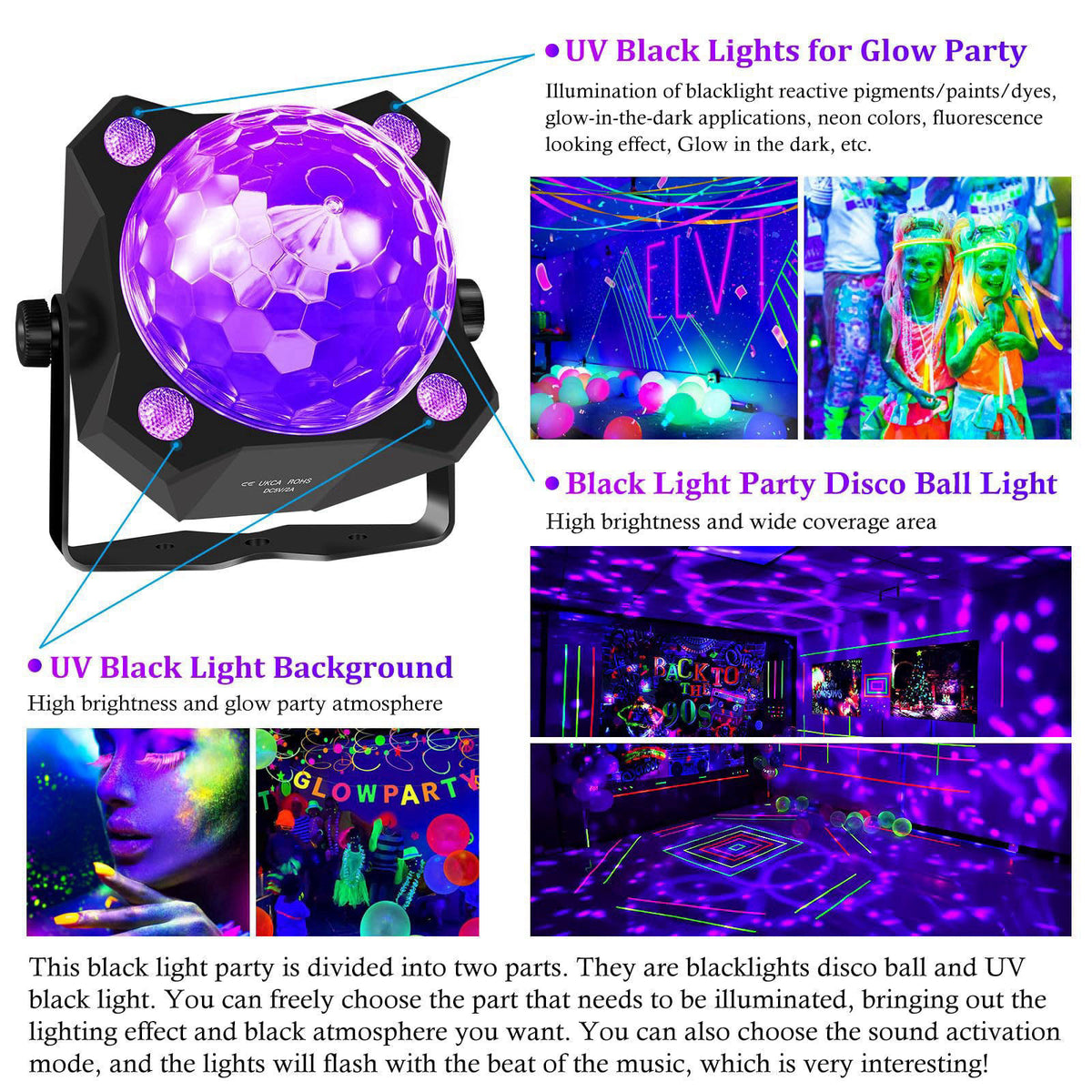 DJPTYGCK 2 in 1 Glow Party Black Light Disco Ball Light with Sound Activated Strobe Dj Party Lights Black Lights, for Ha
