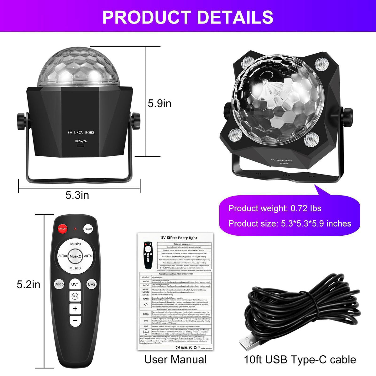 DJPTYGCK 2 in 1 Glow Party Black Light Disco Ball Light with Sound Activated Strobe Dj Party Lights Black Lights, for Ha