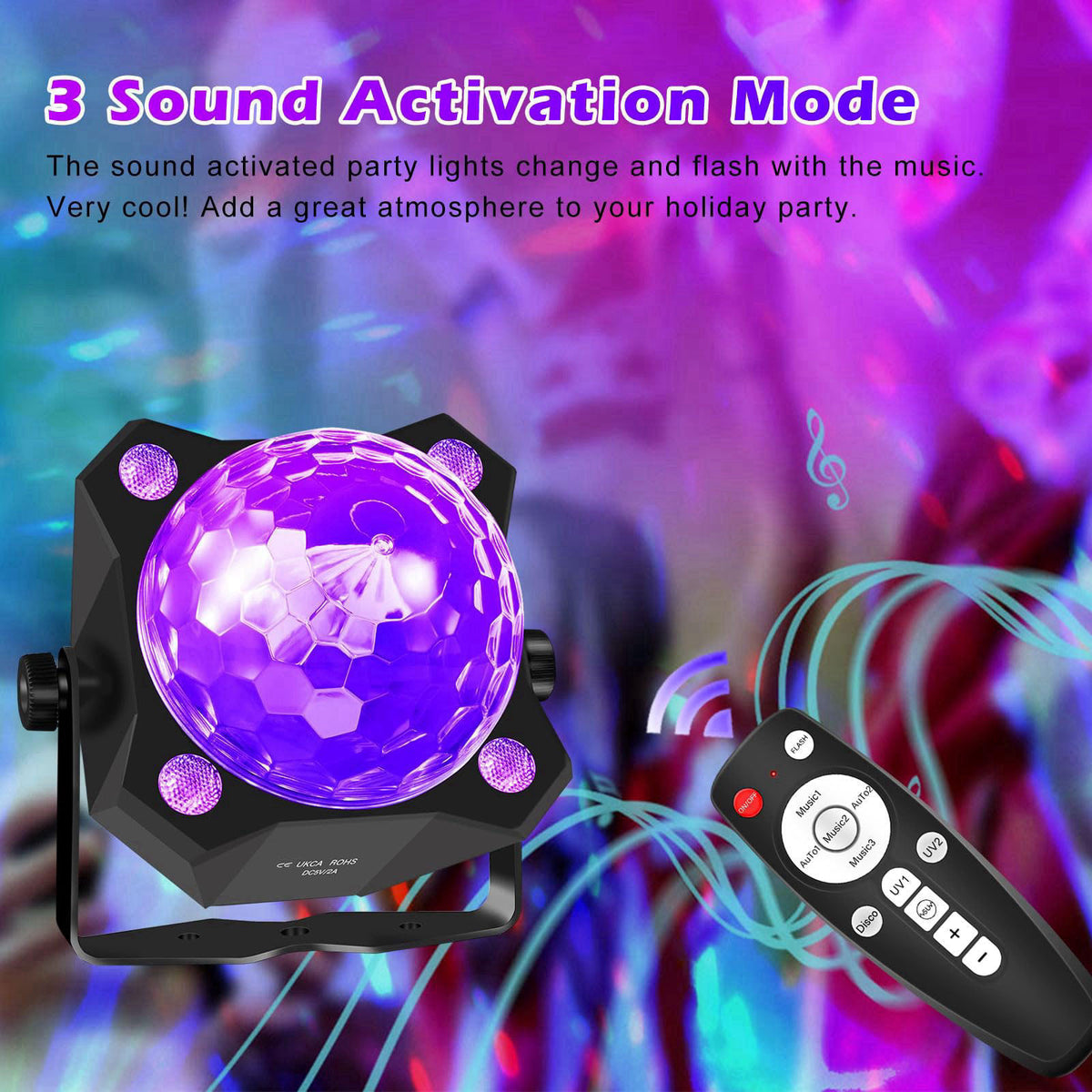 DJPTYGCK 2 in 1 Glow Party Black Light Disco Ball Light with Sound Activated Strobe Dj Party Lights Black Lights, for Ha