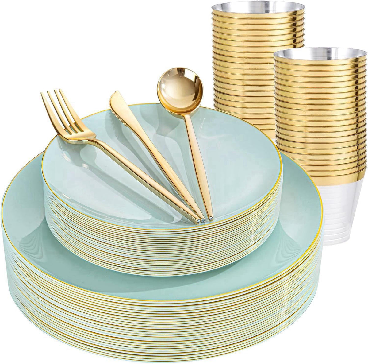 bUCLA 150PCS Green Plastic Plates - Sage Green with Gold Rim Disposable - Include 25 (Dinner & Dessert) Plates, 25 Knive