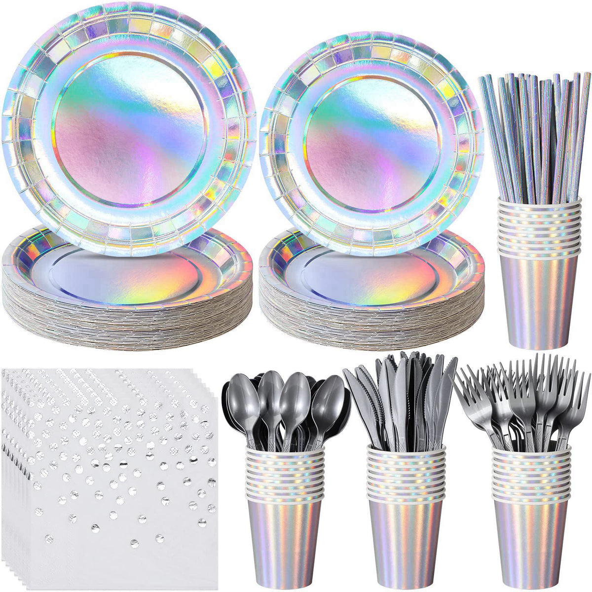 FunnyPars Iridescent Party Supplies Decorations, Holographic Paper Plates and Napkins Set, Disposable Iridescent Paper P