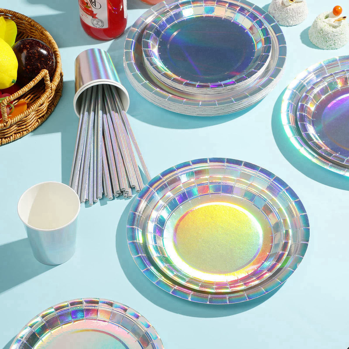 FunnyPars Iridescent Party Supplies Decorations, Holographic Paper Plates and Napkins Set, Disposable Iridescent Paper P