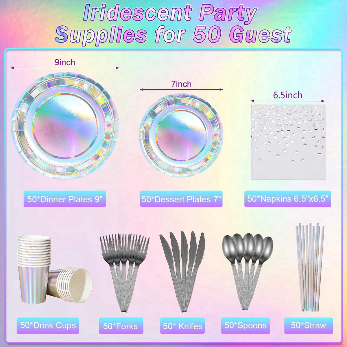 FunnyPars Iridescent Party Supplies Decorations, Holographic Paper Plates and Napkins Set, Disposable Iridescent Paper P