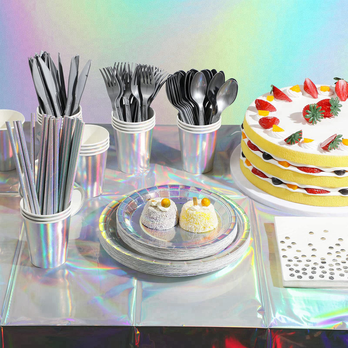FunnyPars Iridescent Party Supplies Decorations, Holographic Paper Plates and Napkins Set, Disposable Iridescent Paper P