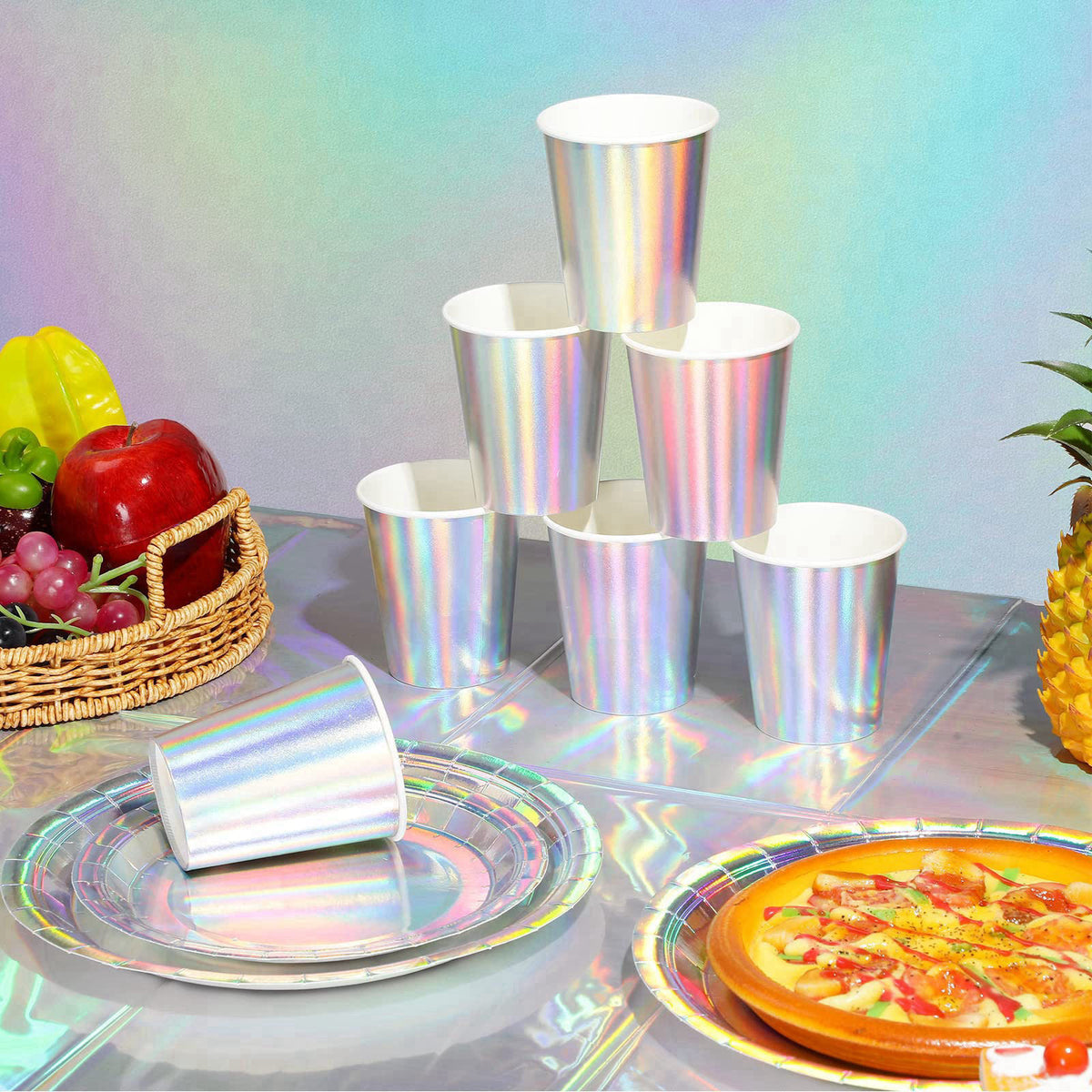FunnyPars Iridescent Party Supplies Decorations, Holographic Paper Plates and Napkins Set, Disposable Iridescent Paper P