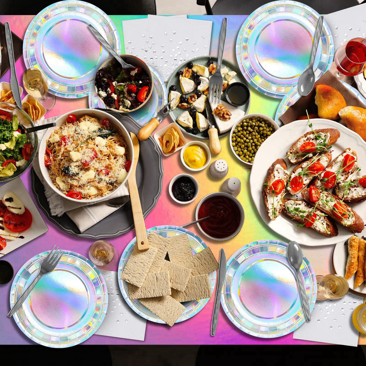 FunnyPars Iridescent Party Supplies Decorations, Holographic Paper Plates and Napkins Set, Disposable Iridescent Paper P