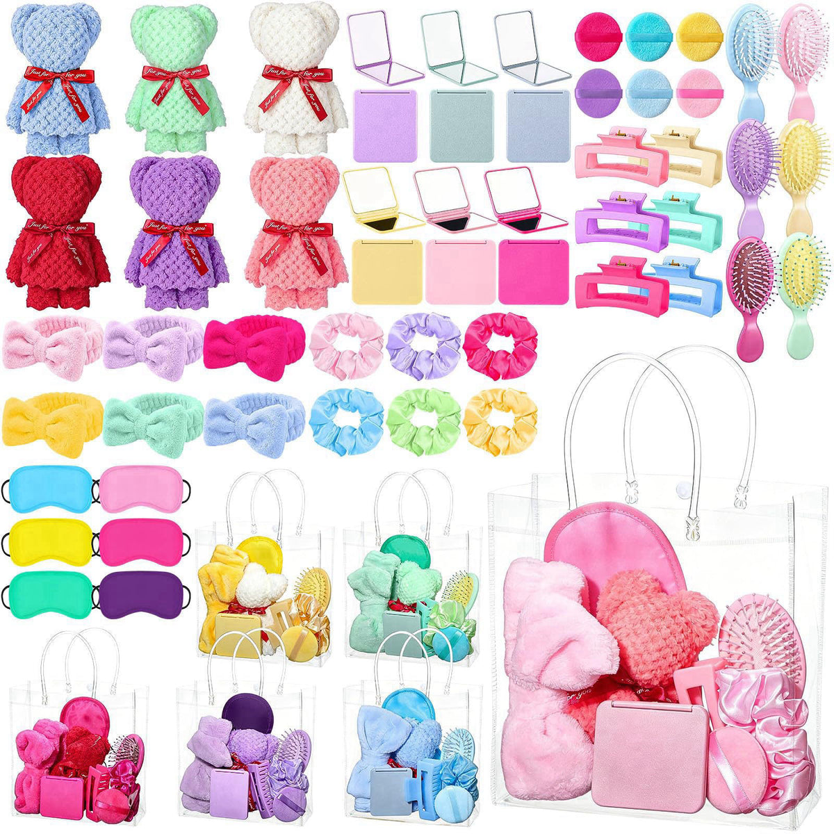 Suncalla 54 Pcs Spa Sleepover Party Supplies Include Bow Headband Eye Mask Bath Towel Scrunchies Hair Clip Comb Powder P
