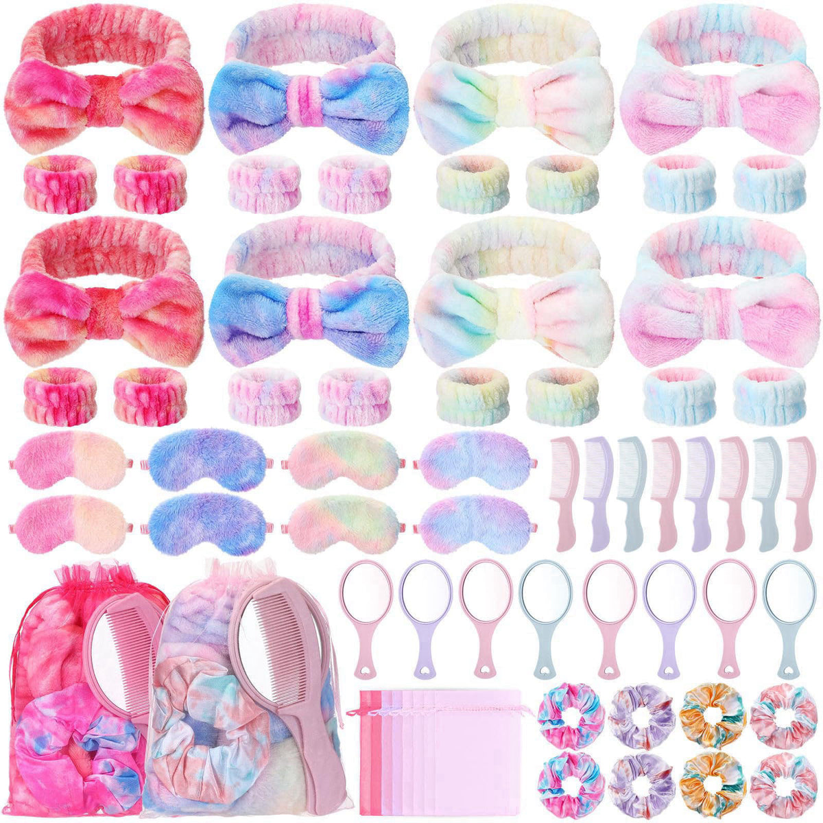 Janinka 64 Pcs Spa Sleepover Party Supplies for Girls, Include 8 Headband with Coquette Bows 16 Wristbands 8 Hair Scrunc