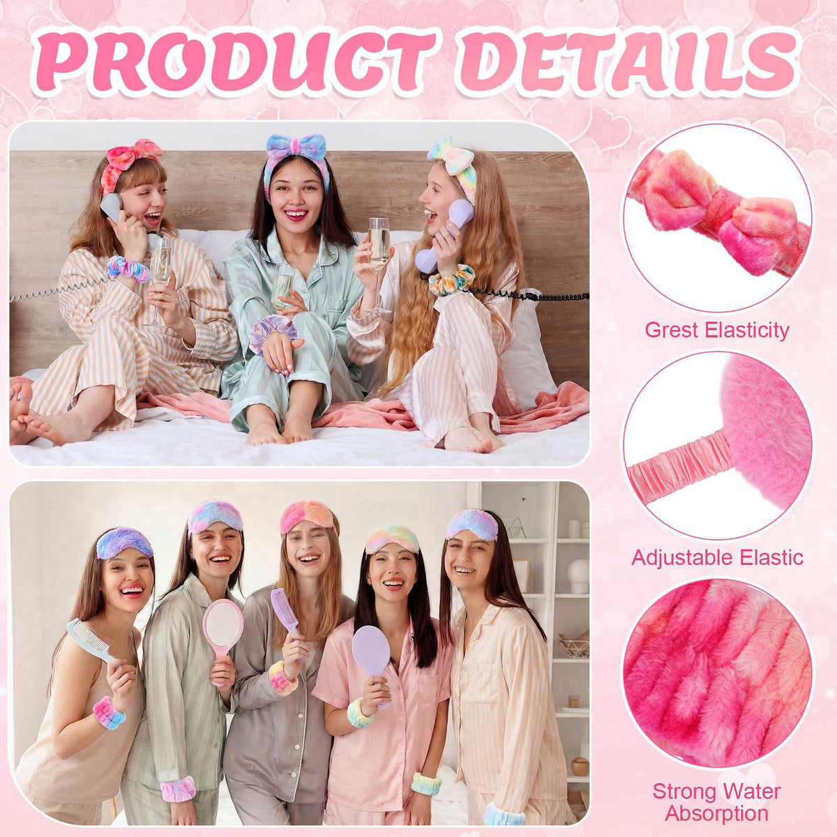 Janinka 64 Pcs Spa Sleepover Party Supplies for Girls, Include 8 Headband with Coquette Bows 16 Wristbands 8 Hair Scrunc