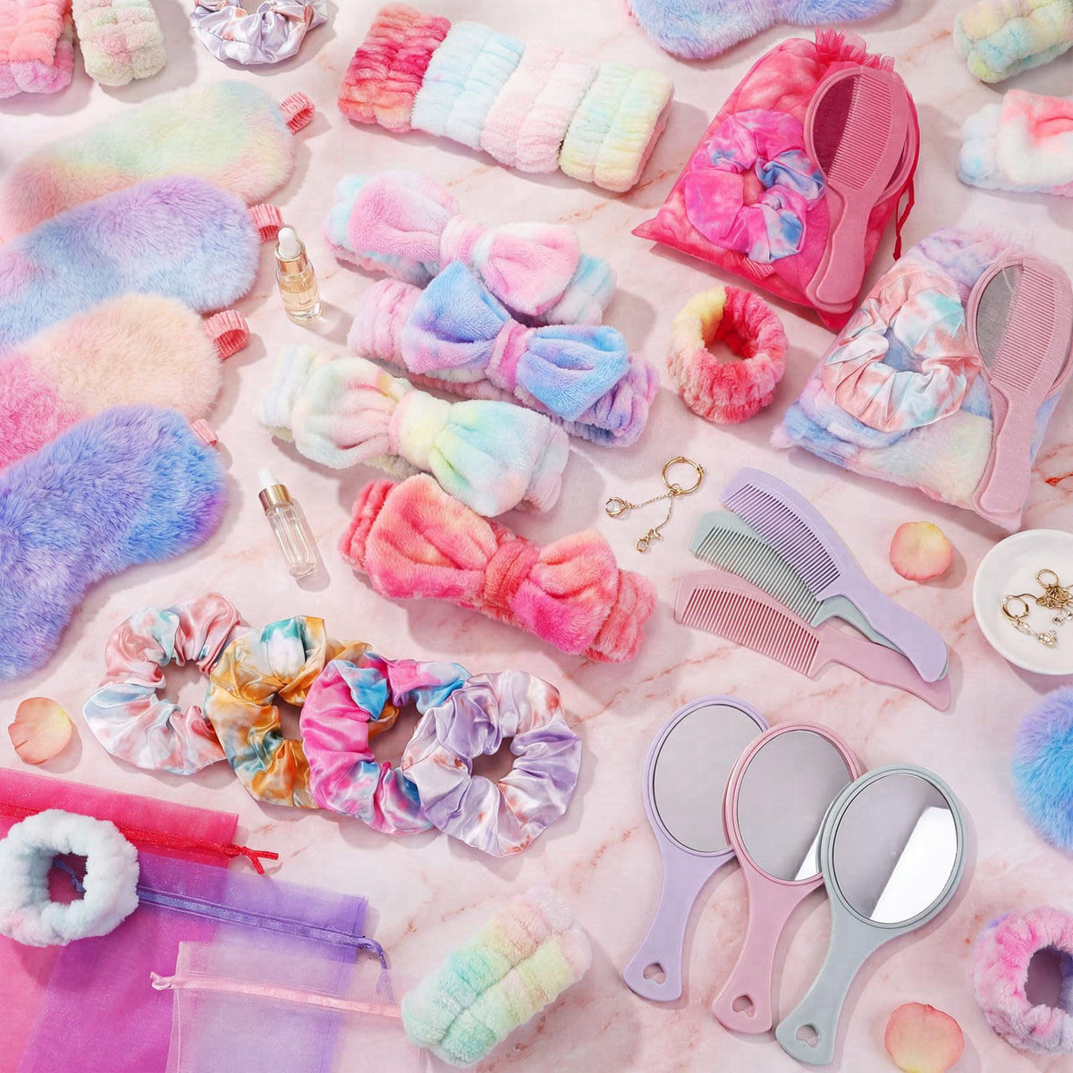 Janinka 64 Pcs Spa Sleepover Party Supplies for Girls, Include 8 Headband with Coquette Bows 16 Wristbands 8 Hair Scrunc