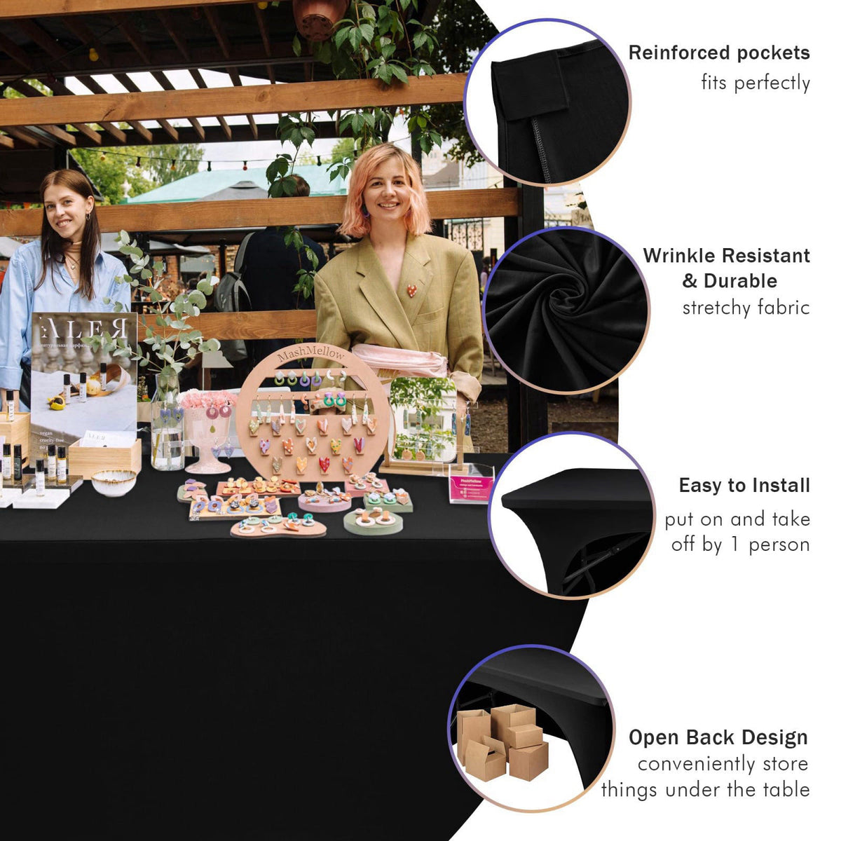 Nasitos 6 Pack Black Table Cloth 6 Foot-Spandex Fitted Tablecloth Rectangle Tables, Open Back Stretch Folding Trade Show