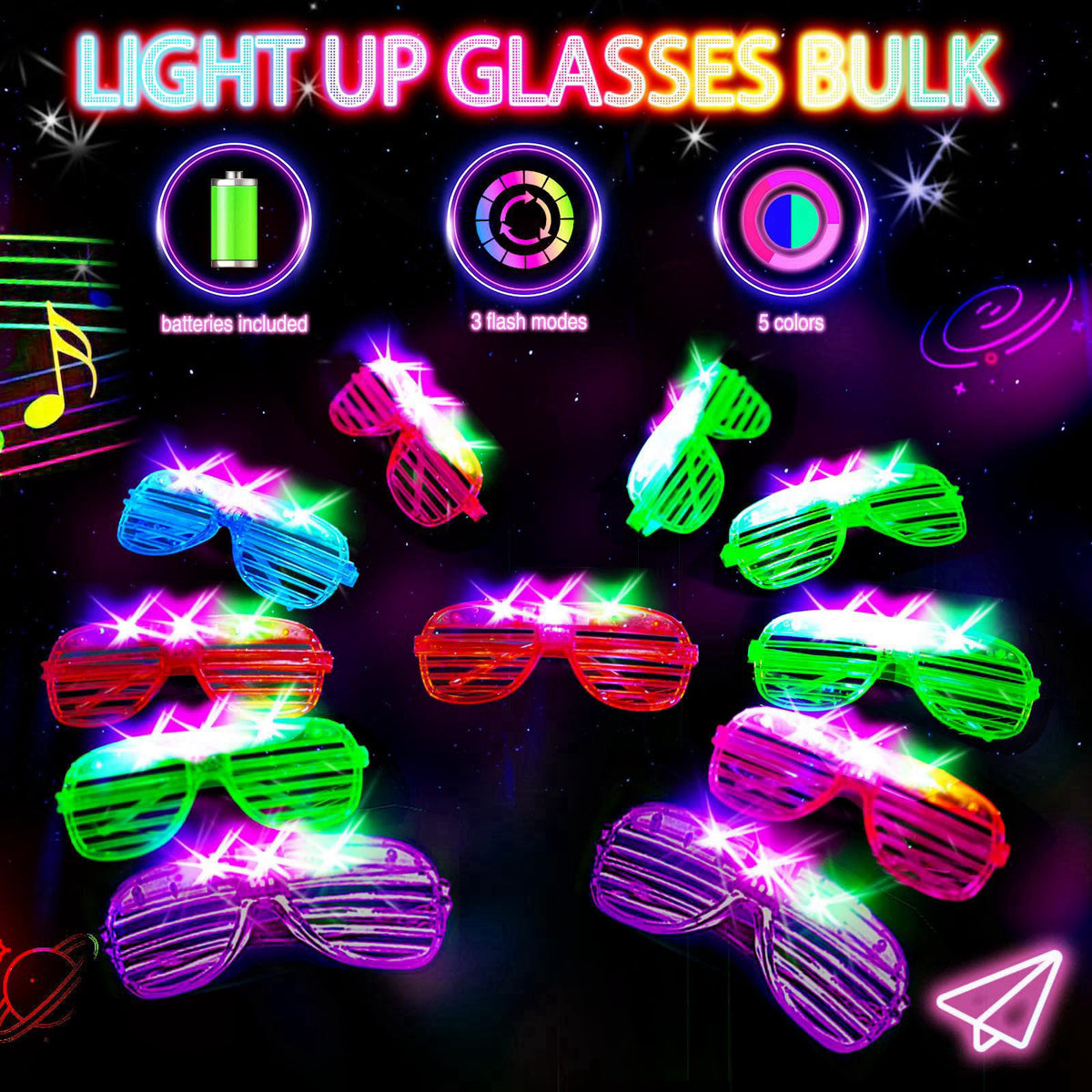 SHQDD 38PCS LED Glasses, Light Up Glasses, 5 Colors, 3 Light Modes, Glow in The Dark Party Supplies, Neon Party Favors f